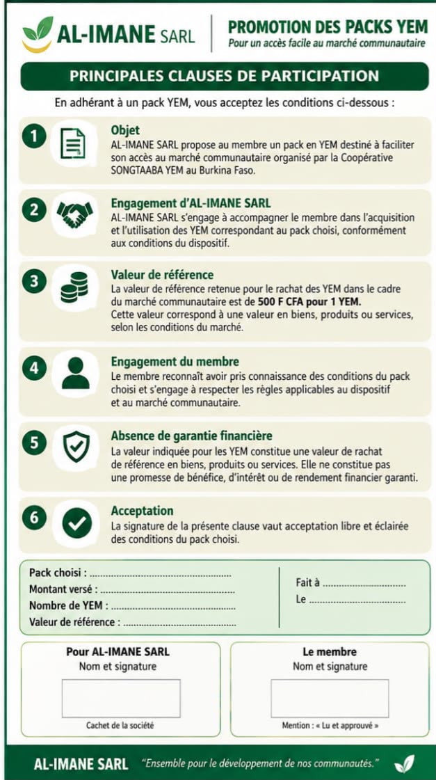 Principales clauses de participation au pack YEM